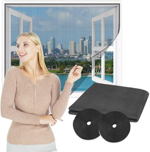 Flintronic Fliegengitter Fenster, Flammhemmendes Fiberglas Fliegengitter 150 x 180 cm, Schneidbar Insektenschutz Moskitonetz, mit 2 Rollen Klettverschluss, DIY Insektengitter ohne Bohren(Grau)