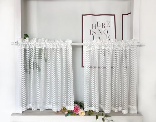 Daliena Rideaux brise-bise courts en dentelle pour cuisine, transparents avec tringle, pour petits fenêtres, rideaux modernes, lot de 2 (LxH 60x45 cm) Blanc