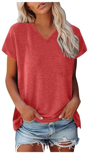 Tee Shirt Femme à Manches Courtes Col en V Décontracté T-Shirt en Coton D'été Lâches Hauts Chic Amples Chemises Blouse de Base pour Sport Fitness Yoga 2026