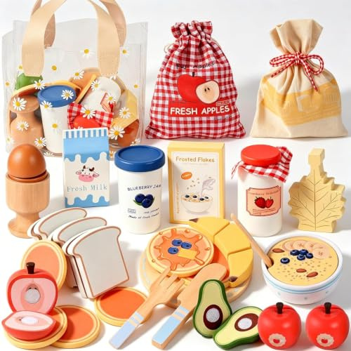 Wooderma Montessori Lernspielzeug Frühstück Spielset, Kinderküche Zubehör, Spielküche Zubehör ab 3 Jahr, Küchenzubehör für Kinder mit Toast, Rollenspiel Holzspielzeug, Geschenk für Jungen & Mädchen