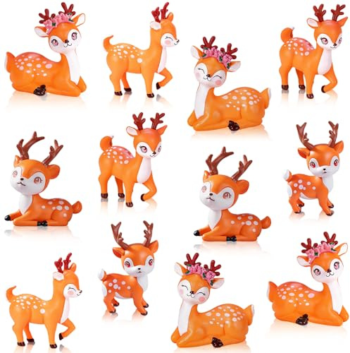 AWEELON 12Pcs Miniature Deer Figurines Forest Woodland Animal Miniatures for Crafts Fairy Garden Accessories Small Deer Ornaments Cake Toppers
