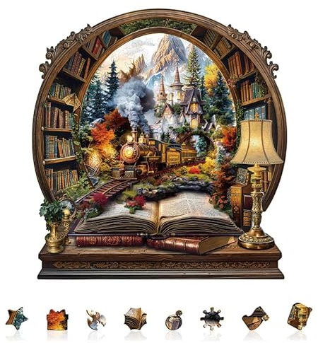 Jigfoxy Wooden Puzzles for Adults, The Train in The Book Jigsaw Puzzle | 280-Piece Unique Animal-Shaped Jigsaw Puzzle for Adults and Teens, Creative Gift with a Premium Wooden Box,13.4 * 12.6in