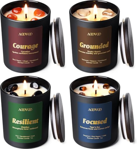 AOOVOO Crystal HEAL Doftljus för hemmet – aromaterapiljus med kristaller – motståndskraft obsidian – fokus – tigeröga – karneol mod jord, rökt kvarts