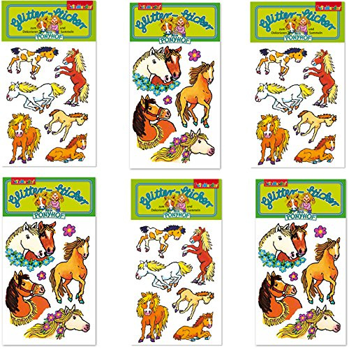 6-teiliges Glitter-Sticker-Set * Pferde und Ponyhof * vom Mauder Verlag | Kinder Aufkleber Kindergeburtstag Geburtstag Mitgebsel Geschenk Mädchen Glitzer Pony Reiten Reiterhof Reiterferien Reiturlaub