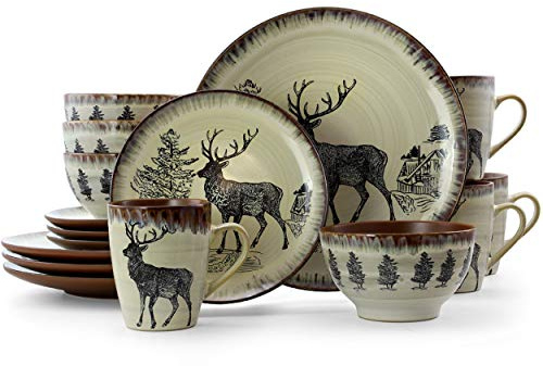 Elama Round Stoneware Cabin Dinnerware Dish Set, 16 Piece, Elk Design with Warm Taupe and Brown Accents
