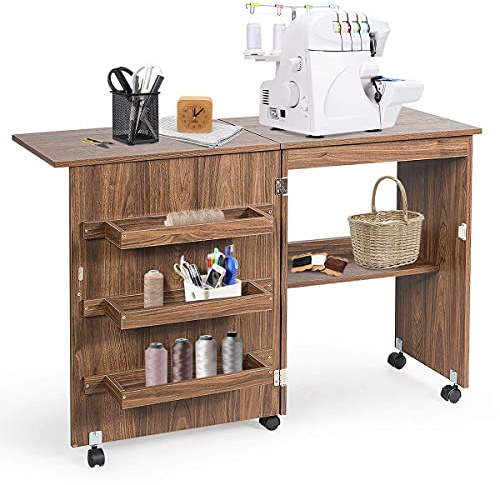 RELAX4LIFE Faltbarer Nähtisch auf Rollen, Nähmaschinenschrank aus Holz, Nähschrank, Mehrzwecktisch, ideal für Wohnzimmer, Schlafzimmer und Arbeitszimmer (Braun)