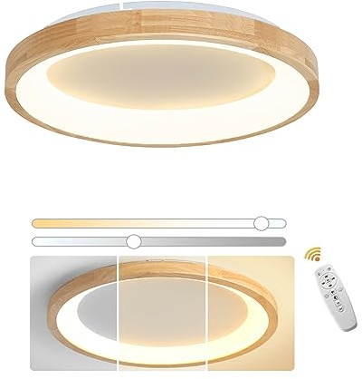 VOMI Deckenlampe Holz Rund 40cm Dimmbar mit Fernbedienung | Küche Lampe Decke 24W LED Deckenleuchte Moderne für Schlafzimmer Büro