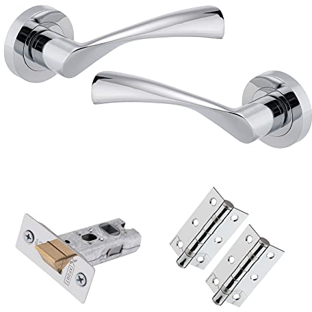 XFORT Polished Chrome Warped Lever On Rose Latch Pack, with Ball Bearing Hinges & A Tubular Latch, Ideal for Internal Wooden Doors for Home and Office.