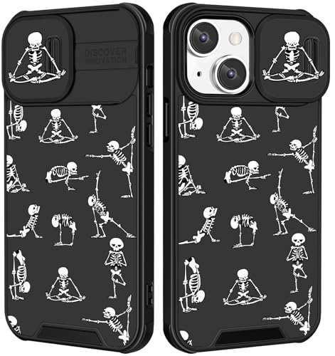 Goocrux (2in1 for iPhone 14 Case Skull for Women Cute Skeleton Yoga Phone Cover Horror Design with Slide Camera Cover Protective Cool Black Funny Teen Cases for iPhone14 6.1 inch