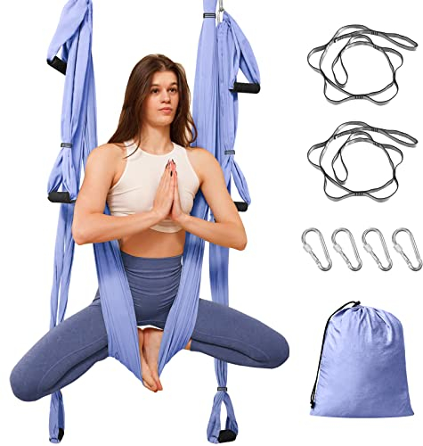 Leogreen Yoga Hängematte, Aerial Schaukel, Anti-Schwerkraft Pilates, Mit 6 Griffen, Nylon-TAFT, Bis 300 kg Belastbar (Helles Lila)