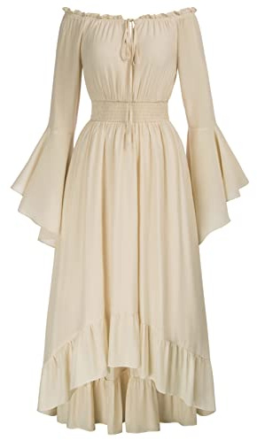 SCARLET DARKNESS Abito Vestito Lungo Donna Medievale Rinascimentale, Spalle Scoperte, Maniche Lunghe Svasate, Linea A Beige XL
