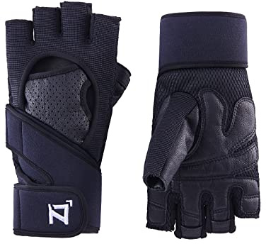 OOZi Guantes de fitness sin dedos para hombre y mujer, banda de apoyo, agarre de piel auténtica resistente en la palma de la mano, guantes de entrenamiento para levantamiento de pesas, gimnasio (M)