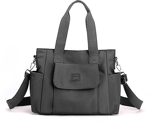 YANAIER Damen Handtasche Umhängetasche Multi Fach Shopper Schultertasche Wasserdicht Nylon Henkeltasche für Reisen Schule Arbeit Dunkelgrau