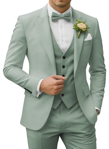 SPTALLFITJSV Conjunto de Traje Ajustado de 3 Piezas para Hombre, para Boda, graduación, Fiesta, Blazer de Dos Botones, Chaleco y Pantalones, Verde (Dusty Green), X-Large