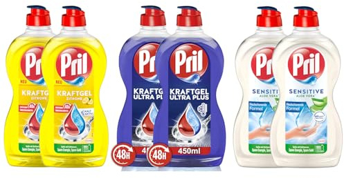 PRIL-Set Kraftgel 2x Ultra Plus & 2x Zitrone & 2x Sensitive Aloe Vera, Handgeschirrspülmittel-Set mit höchster Fettlösekraft, für sauberes Geschirr auch in kaltem Wasser, 6x 450ml