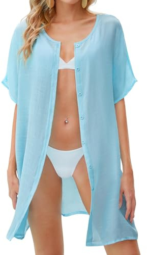 MELLIEX Vestido de Playa Mujer Algodón Camisa Playa con Botones Verano Traje de Baño Bikini Cover Up Suelta Manga Corta Blusa de Playa,Azul-S
