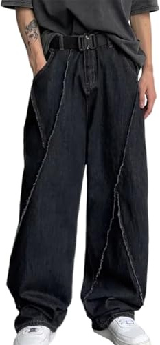 ORANDESIGNE Baggy Jeans Uomo Pantaloni Baggy Pantaloni Denim Vintage Casual Hip Hop Y2K Jeans Gamba Larga Straight Pantaloni Harajuku Ragazzo Pantaloni Casual Streetwear B Nero S