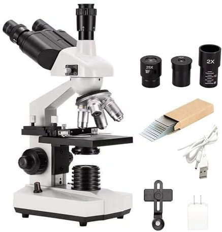 Microscope composé 40X-5000X, microscope trinoculaire professionnel pour adultes, avec lames de microscope, oculaires WF10X et WF25X, condensateur Abbe, compatible avec écran PC, téléphone
