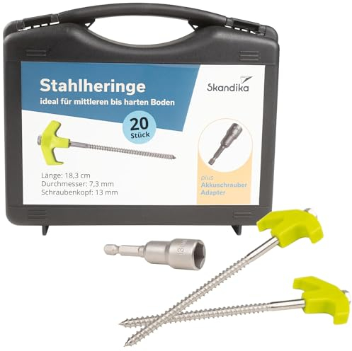 Skandika Stahl Zeltheringe | 20er Stahlheringe Set für Harte Böden, stabile Heringe mit Gewinde, Sturmsicher, Adapter für Akkuschrauber, Schraubheringe, Erdanker, Bodenanker | Camping Zubehör, Zelten
