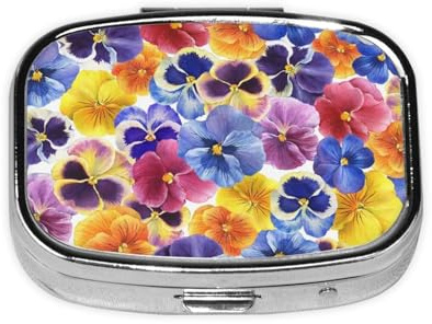 Xiso Ver The Garden Tricolor Pillendose mit Stiefmütterchen-Blume, tragbar, Metall, 2 Fächer, Medikamentenkoffer für Geldbörsen, kompakter Reise-Medikamentenhalter für Vitamine, Medikamente