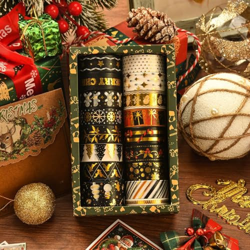 17 Rollen Weihnachten Washi Tape Set,Schwarzes Gold Dekoband Masking Tape Dekorative Selbstklebendes Papier Klebeband Weihnachten Kunst Handwerk Tape DIY Scrapbooking Geschenkverpackung Dekorationen