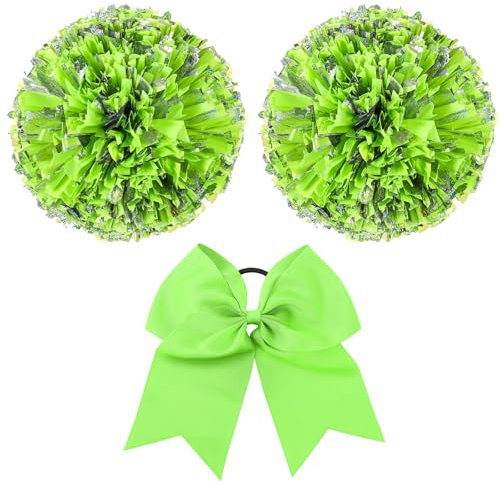 Hanaive Cheerleading-Pompons und große Cheerleader-Haarschleife, metallisches Cheerleader-Zubehör für Teamgeist, Sport, Tanzen, Cheerleader, 3 Stück (fluoreszierendes Grün, gemischtes Silber,