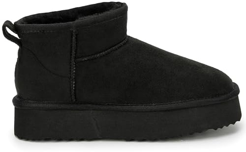Polar Women s Platform Boots Slippers Faux Suede, Flexible Waterproof Anti Slip Rubber Soles, Fluffy Faux Fur Lined Slip On Slippers, Winter Ladies Walking Shoes for Indoor & Outdoor - Black UK 6