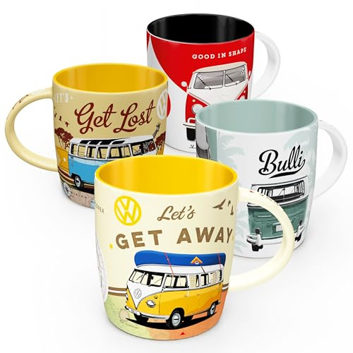 Nostalgic-Art Retro Kaffeebecher (4er-Set), 330 ml, VW Bulli Set 1 – Volkswagen Bus Geschenk-Idee, Original Lizenzprodukt (OLP), Keramik-Tasse für Kaffee, Vintage Design | Original Volkswagen Lizenzprodukt (OLP), Keramik-Tasse für Kaffee, Vintage Design, Geschenk-Idee für VW Bus Fans