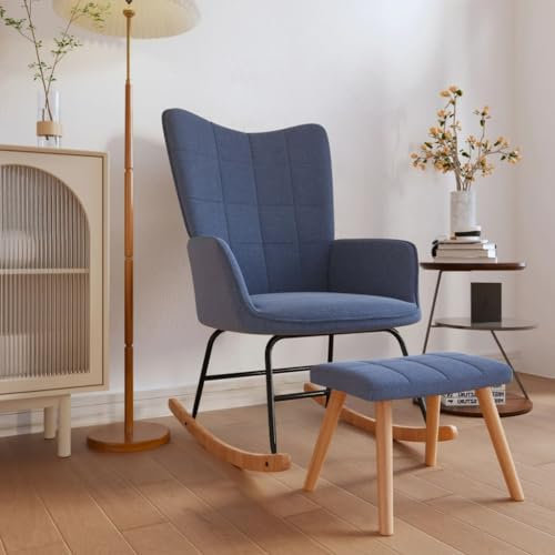 TEHTX7 Schaukelstuhl Schaukelsessel mit Hocker Schwingsessel Sessel Wohnzimmer Relaxsessel, Lounge Sessel, Lesesessel Blau Stoff