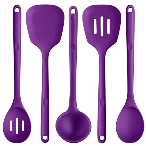 U-Taste Extra Large Silicone Kitchen Utensils Set of 5, Purple | 315℃ Heat Resistant Food Grade Cooking Tools Non-Stick Spatula Turner Spoon Ladle for Mixing Serving Frying Stirring Draining