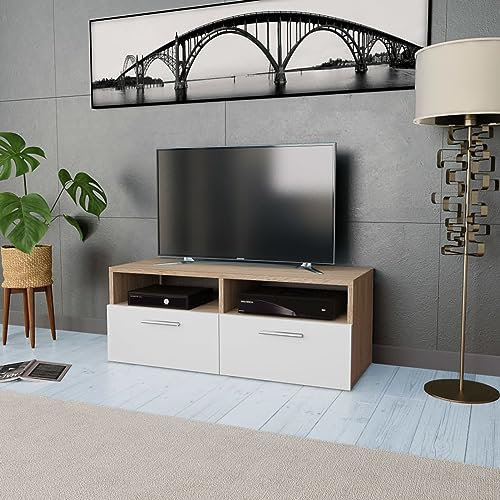 ShGaxin Meuble TV, meuble TV, meuble TV, meuble TV, meuble de chambre, table de salon, table de télévision, aggloméré blanc et chêne 95 x 35 x 36 cm