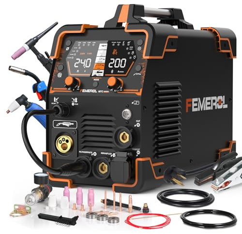 FEMEROL Plasma Cutter Welder Combo 200A Gas MIG/Gasless MIG/HF TIG/Stick/Cut/SPOT 6 in 1 Welding Machine Aluminum Welding 110/220V Dual Voltage Multi Process Welder