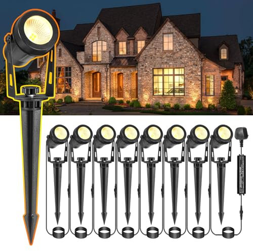 GreenClick Garden Lights Mains Powered, Upgrade 8in1 27m/88.58ft Spike Lights, Garden Spotlights Mains Powered IP65 Waterproof, 12V Low Voltage LED Uplighter for Yard Lawn Tree Path Patio