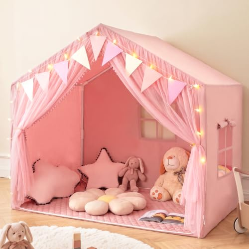 INFANS Kids Play Tent, Large Size Playhouse with Washable Cotton Mat Star Light Windows Plaid Pennants, 146 x 96.5 x 133cm, Indoor Outdoor Princess Tents Castle for Toddlers Age 3+ Years Old (Pink)