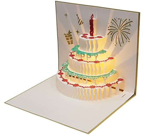 Artibetter Musikalische Geburtstagskarte mit Kuchen Design Kreative Papierkunst LED Licht und Musik Grußkarte für Freunde und Familie Geschenkidee