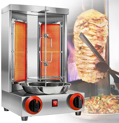 SAIYERUS Máquina de Parrilla Shawarma, Capacidad de 11 Libras, Máquina de Cocina Shawarma de Pollo con 2 Quemadores, Horno de Asador Vertical de Gas, Máquina de Kebab, para El Hogar, Restaurante,220V