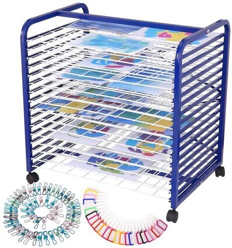 Hapihom Estante de secado de cuadros con 16 compartimentos y ruedas extraíbles, estante de secado de imágenes móvil para aulas, estudios, arte, impresiones 66 x 46 x 66 cm - A