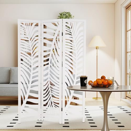 GIANTEX Biombo Plegable de Madera de Paulownia, 3 Paneles, Separador de Privacidad con Patrones Elegantes, 121 x 170 cm, Divisor de Espacios para Salón, Dormitorio, Oficina (Blanco)