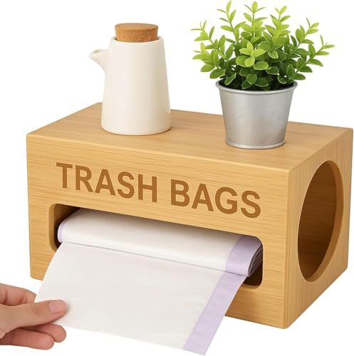 PRADICHI Bamboo Trash Bag Dispenser - Garbage Bag Roll Holder & Organizer with Handle - Kitchen Countertop, Under Sink, or Wall Mount Waste Bag Storage Container (Natural (1 Tier)