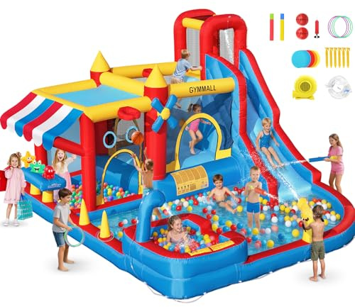 GYMMALL Castello Gonfiabile 10-in-1 Bambini – Supermercato Simulato, Scivolo d'Acqua, Piscinetta, Scivolo Lungo, Trampolino, Ventilatore 550W – Perfetto per Compleanni, Feste, Vacanze