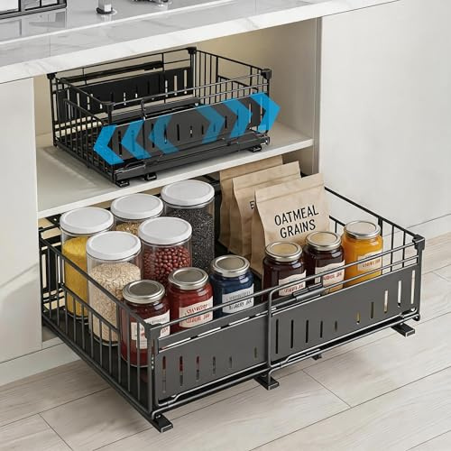 OBEISN 2 Stück Ausziehbare Schublade Küche Teleskopschublade 40cm Tief | 32-50cm Breite ,16.5cm Hoch, Küchenschrank Organizer Ausziehbar, Auszug, Schrank Schubladen Ausziehbar, Ohne Bohren