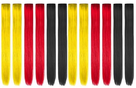 Temporary Color Hair Extensions, 12 Piece Clip in Synthetic Hair Set with 22 Inch Red Yellow Black Strands for Changes, Parties, and Photo Looks Highlight Pieces Removable Color Streaks