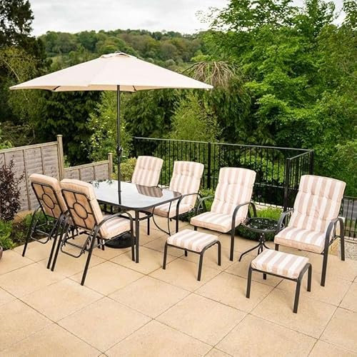 Hectare 6 Seater Metal Garden Furniture Outdoor Dining Set with Footstools and Side Table in Beige Stripe