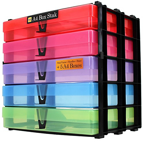WestonBoxes A4 Aufbewahrungssystem 5-Farben-Mix, 5 A4-Boxen Mit Deckel | 5-Farben-Mix im schwarzen Rahmen: Rot, Rosa, Blau, Grün, Lila | Griffe vorne | Säurefrei | Hergestellt in Großbritannien