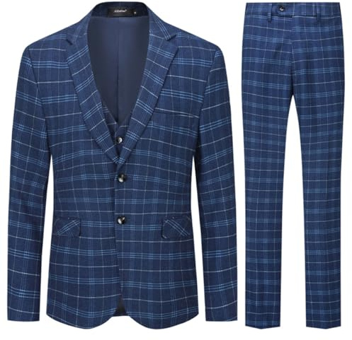 Allthemen Costume Homme 3 Pièces Tuxedo Slim Fit à Carreaux Deux Boutons d'affaire Mariage Veste+Gilet+Pantalon Bleu M