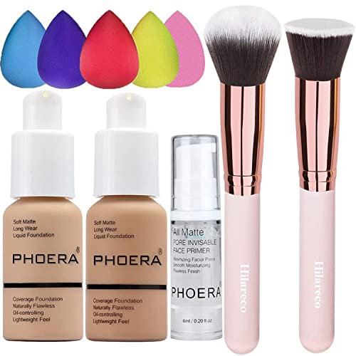 PHOERA Fond de Teint Couvrant Et Face Primer Liquide Couverture Complète Foundation Correcteur,Pinceaux Fond de Teint Et Pinceau Poudre,5 Éponges de maquillage (104 Buff Beige + 105 Sand)