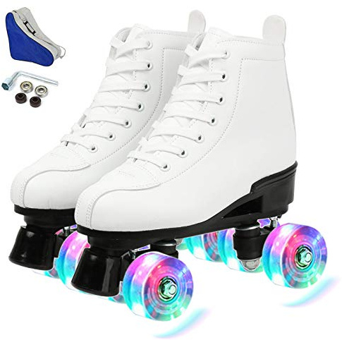 XUDREZ Rollschuhe Zweireihige Rollschuhe verstellbare High-Top-Rollschuhe für drinnen und draußen, Erwachsene, Rollschuhe (weißes Blitzrad, 38 EU)