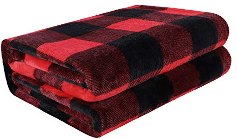 PiccoCasa Plaid Flannel Fleece Throw Blanket,Checkered Fiery Red Soft Blankets and Throws,Plush Lightweight Decors Blanket for Couch Sofa Traveling,50 x 60, Scarlet+Black