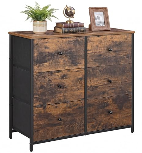 SONGMICS Chest of Drawers, 6 Fabric Drawers with Metal Frame, Storage Organiser Unit, Dresser, for Nursery, Bedroom, Hallway, Rustic Brown and Classic Black LGS23H