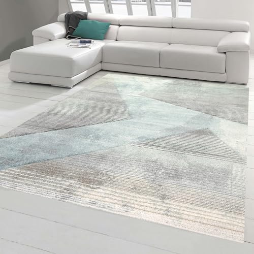 Teppich-Traum moderner Wohnzimmerteppich abstraktes Muster gestreift grau blau grün schwarz - pflegeleicht Größe 120x170 cm